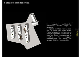 Il progetto architettonico
Mixité
Il progetto architettonico
dell'edificio include luoghi di
relazione.
Lo spazio pubblico viene portato
fino al livello del primo piano.
Piazze sospese in corrispondenza
dei tagli degli edifici consentono, da
parte del flusso ciclo-pedonale, di
accedere alla maggiore
concentrazione di spazi con
funzioni direttive e commerciali.
 
