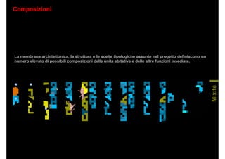 Composizioni
Mixité
La membrana architettonica, la struttura e le scelte tipologiche assunte nel progetto definiscono un
numero elevato di possibili composizioni delle unità abitative e delle altre funzioni insediate.
 