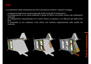 Fasidirealizzazione
Fasi
La suddivisione della realizzazione per fasi è pensata per ottenere i seguenti vantaggi:
 il pagamento degli oneri commisurato agli stralci funzionali di realizzazione
 la configurazione di un fronte edificato in grado di offrire una quinta urbana alle lottizzazioni
adiacenti
 un collegamento ciclo-pedonale tra il centro storico, la stazione e via Marconi già dalla prima
fase
 la possibilità di non realizzare vuoti urbani che incidano negativamente sulla qualità del
costruito.
 