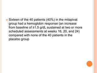  Sixteen of the 40 patients (40%) in the mitapivat
group had a hemoglobin response (an increase
from baseline of ≥1.5 g/dL sustained at two or more
scheduled assessments at weeks 16, 20, and 24)
compared with none of the 40 patients in the
placebo group
 