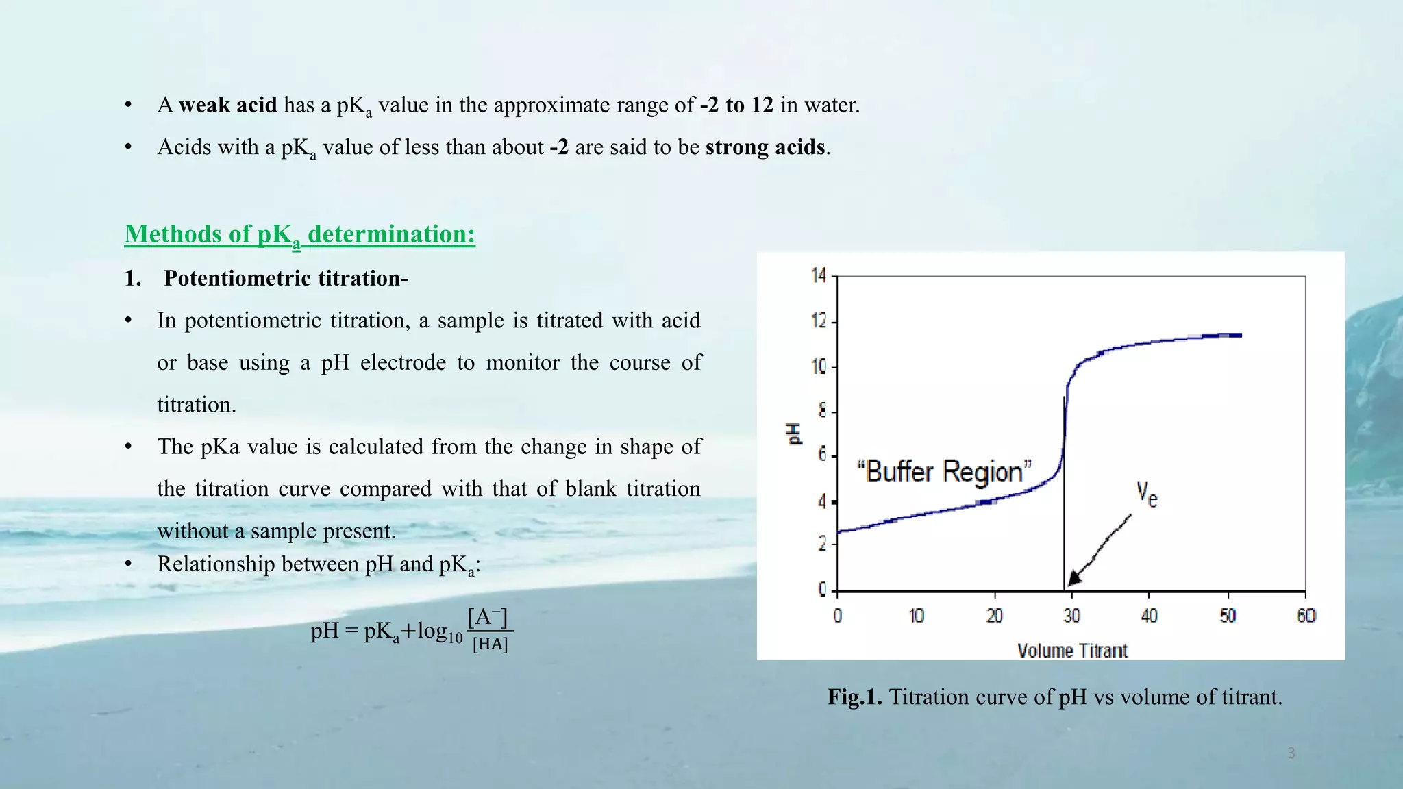 3
• A weak acid has a pKa value in the approximate range of -2 to 12 in water.
• Acids with a pKa value of less than about -2 are said to be strong acids.
Methods of pKa determination:
1. Potentiometric titration-
• In potentiometric titration, a sample is titrated with acid
or base using a pH electrode to monitor the course of
titration.
• The pKa value is calculated from the change in shape of
the titration curve compared with that of blank titration
without a sample present.
• Relationship between pH and pKa:
pH = pKa+log10
[A−]
[HA]
Fig.1. Titration curve of pH vs volume of titrant.
 