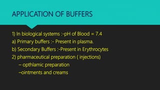 APPLICATION OF BUFFERS
1) In biological systems :-pH of Blood = 7.4
a) Primary buffers :- Present in plasma.
b) Secondary Buffers :-Present in Erythrocytes
2) pharmaceutical preparation ( injections)
– opthlamic preparation
–ointments and creams
 