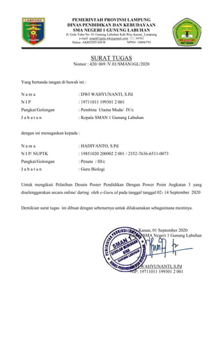 PEMERINTAH PROVINSI LAMPUNG
DINAS PENDIDIKAN DAN KEBUDAYAAN
SMA NEGERI 1 GUNUNG LABUHAN
Jl. Gula Tubu No. 01 Gunung Labuhan Kab.Way Kanan_Lampung
e-mail: sman01gula.wk@gmail.com : 34761
Status: AKREDITASI B NPSN: 10806793
SURAT TUGAS
Nomor : 420/ 069 /V.01/SMAN1GL/2020
Yang bertanda tangan di bawah ini :
N a m a : DWI WAHYUNANTI, S.Pd
N I P : 19711011 199301 2 001
Pangkat/Golongan : Pembina Utama Muda/ IV/c
J a b a t a n : Kepala SMAN 1 Gunung Labuhan
dengan ini menugaskan kepada :
N a m a : HADIYANTO, S.Pd
N I P/ NUPTK : 19851020 200902 2 001 / 2352-7636-6511-0073
Pangkat/Golongan : Penata / III/c
J a b a t a n : Guru Biologi
Untuk mengikuti Pelatihan Desain Poster Pendidikan Dengan Power Point Angkatan 3 yang
diselenggarakan secara online/ daring oleh e-Guru.id pada tanggal tanggal 02- 14 September 2020
Demikian surat tugas ini dibuat dengan sebenarnya untuk dilaksanakan sebagaimana mestinya.
Way Kanan, 01 September 2020
Kepala SMA Negeri 1 Gunung Labuhan
DWI WAHYUNANTI, S.Pd
NIP. 19711011 199301 2 001
 
