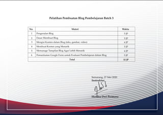 Semarang, 27 Mei 2020
Instruktur,
Hendra Dwi Permana
Pelatihan Pembuatan Blog Pembelajaran Batch 3
No. Materi Waktu
Pengenalan Blog
Dasar Membuat Blog
Mengisi Konten dalam Blog (teks, gambar, video)
Membuat Konten yang Menarik
1
2
3
4
5 JP
5 JP
6 JP
5 JP
Memanage Tampilan Blog Agar Lebih Menarik
Pemanfaatan Google Form untuk Evaluasi Pembelajaran dalam Blog
5
6
6 JP
5 JP
Total 32 JP
 