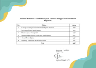 Semarang, 1 Juli 2020
Instruktur,
Maskur Alfaqih, S.Pd
Pelatihan Membuat Video Pembelajaran Animasi menggunakan PowerPoint
Angkatan 1
No. Materi Waktu
Konsep dan Pengenalan Video Pembelajaran Animasi
Penyiapan Materi Pembelajaran
Desain Layout Powerpoint
Menambahkan Kartun dan Materi Pembelajaran
Materi Pembelajaran
Finishing, Pemberian Hyperlink Tombol
1
2
3
4
5
6
5 JP
5 JP
6 JP
5 JP
6 JP
5 JP
Total 32 JP
 