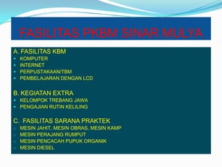 FASILITAS PKBM SINAR MULYA
A. FASILITAS KBM
 KOMPUTER
 INTERNET
 PERPUSTAKAAN/TBM
 PEMBELAJARAN DENGAN LCD
B. KEGIATAN EXTRA
 KELOMPOK TREBANG JAWA
 PENGAJIAN RUTIN KELILING
C. FASILITAS SARANA PRAKTEK
o MESIN JAHIT, MESIN OBRAS, MESIN KAMP
o MESIN PERAJANG RUMPUT
o MESIN PENCACAH PUPUK ORGANIK
o MESIN DIESEL
 