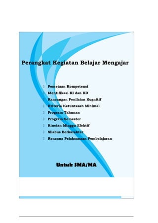 Perangkat Kegiatan Belajar Mengajar
 Pemetaan Kompetensi
 Identifikasi KI dan KD
 Rancangan Penilaian Kognitif
 Kriteria Ketuntasan Minimal
 Program Tahunan
 Program Semester
 Rincian Minggu Efektif
 Silabus Berkarakter
 Rencana Pelaksanaan Pembelajaran
Untuk SMA/MA
 