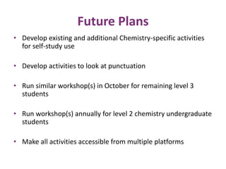 Future Plans 
• Develop existing and additional Chemistry-specific activities 
for self-study use 
• Develop activities to look at punctuation 
• Run similar workshop(s) in October for remaining level 3 
students 
• Run workshop(s) annually for level 2 chemistry undergraduate 
students 
• Make all activities accessible from multiple platforms 
 