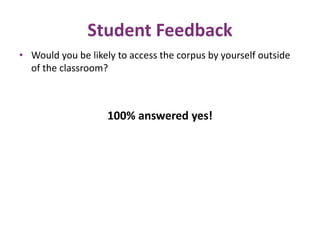 Student Feedback 
• Would you be likely to access the corpus by yourself outside 
of the classroom? 
100% answered yes! 
 
