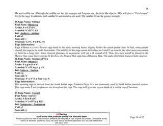 38
Ma and suddha ma. Although the suddha ma has the stronger and frequent use, the tivra Ma slips in. This will give a “Purvi-esque”
feel to the raga. In addition, both suddha Ni and komal ni are used. The suddha Ni has the greater strength.

15.Raga Name: Vibhasa
That Name: Bhairava
Aroha: S r G P d S’
Avaroha: S’ d P G r S
Jati: Audava – Audava
Vadi: d
Samvadi: r
Swarupa: G P G P d P G r S
Raga Information:
Raga Vibhasa is a very diverse raga heard in the early morning hours, slightly before the actual prahar time. In fact, some people
classify this raga to be in the first prahar. The stability of this raga seems to be fixed on S and P, as none of the other notes can remain
on hold for a long time. Some musical gharanas, or succession, will use a D instead of d. Thus, this raga would be placed in the
Marwa That, since the properties fit the flow of a Marwa That raga than a Bhairava That. The audio clip below features both varieties.
16.Raga Name: Alankara Priya
That Name: Bhairavi
Aroha: S r g m D n S’
Avaroha: S’ n D m g r g r S
Jati: Sadava – Sadava
Vadi: m
Samvadi: S
Swarupa: S’ n S’ D n D m r g r S
Raga Information:
This morning raga is derived from the South Indian raga, Alankara Priya. It is not commonly used in North Indian musical system.
This raga omits P and emphasizes ma throughout the raga. This raga will give one a great shade of a similar raga, Charukesi.

17.Raga Name: Asavari
That Name: Asavari
Aroha: S R m P d S’
Avaroha: S’ n d P m g R S
Jati: Sampurna – Sampurna
Vadi: d
Samvadi: g
UNDERSTANDING INDIAN CLASSICAL MUSIC          pdfMachine
                       A pdf writer that produces quality PDF files with ease!
PRABIRquality PDF files in seconds and preserve the integrity of your original documents. Compatible across
 Produce
         DATTA                                                                                                           Page 38 of 87
      nearly all Windows platforms, if you can print from a windows application you can use pdfMachine.
                                                Get yours now!
 