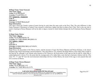 48

40.Raga Name: Namo Narayani
That Name: Purvi
Aroha: S r G M P d n S’
Avaroha: S’ n d P M G r S
Jati: Sampurna – Sampurna
Vadi: P
Samvadi: S
Swarupa: G M d P M d n d n P
Raga Information:
This raga is from the Carnatic system of music having its scale share the same scale as the Purvi That. The only difference is that
Namo Narayani (“Obeisances to Laksmi”) has a komal ni which has a lighter feel that its relative Purvi That. This is why one who is
used to listening to Puriya Dhanasri will not be able to digest a komal ni which further disrupts the Ga-Ni harmony Puriya Dhanasri
has.

41.Raga Name: Puriya
That Name: Marwa
Aroha: 'N r G M D N D N r' S'
Avaroha: N r' N D N M D G M G,M G r S
Jati: Sadava – Sadava
Vadi: G
Samvadi: N
Swarupa: G M D G M G M G r S 'N 'D 'N
Raga Information:
Raga Puriya, the descendent of the Marwa matrix, and the ancestor of ragas like Puriya Dhanasri and Puriya Kalyana, is the almost
forgotten raga which interestingly unusual properties. This raga behaves very similarly like Raga Marwa in the respect that it tends to
the skip the Sa, although it can tolerate some presence of Sa. However, the focal points in this raga are the Ga and Ni, while Dha is
underemphasized. It favors Ni to the point that the swarupa ends at Ni, rather than a note that has a harmonic relation with Sa. (The
notes “N”, “r”, and “M” have the most dissonant relationship with Sa.) Unlike Marwa, the mood of this raga is more playful than and
not as serious as Marwa.

42.Raga Name: Puriya Dhanasri
That Name: Purvi
Aroha: ‘N r G M d N S’ r’ S’
Avaroha: N r’ N d P M G r G r S ‘N
UNDERSTANDING INDIAN CLASSICAL MUSIC          pdfMachine
                       A pdf writer that produces quality PDF files with ease!
PRABIRquality PDF files in seconds and preserve the integrity of your original documents. Compatible across
 Produce
         DATTA                                                                                                      Page 48 of 87
      nearly all Windows platforms, if you can print from a windows application you can use pdfMachine.
                                                Get yours now!
 