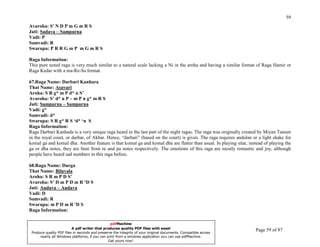 59
Avaroha: S' N D P m G m R S
Jati: Sadava – Sampurna
Vadi: P
Samvadi: R
Swarupa: P R R G m P m G m R S

Raga Information:
This pure noted raga is very much similar to a natural scale lacking a Ni in the aroha and having a similar format of Raga Hamir or
Raga Kedar with a ma-Re-Sa format.

67.Raga Name: Darbari Kanhara
That Name: Asavari
Aroha: S R g* m P d* n S’
Avaroha: S’ d* n P – m P n g* m R S
Jati: Sampurna – Sampurna
Vadi: g*
Samvadi: d*
Swarupa: S R g* R S ‘d* ‘n S
Raga Information:
Raga Darbari Kanhada is a very unique raga heard in the last part of the night ragas. The raga was originally created by Miyan Tansen
in the royal court, or darbar, of Akbar. Hence, “darbari” (based on the court) is given. The raga requires andolan or a light shake for
komal ga and komal dha. Another feature is that komal ga and komal dha are flatter than usual. In playing sitar, instead of playing the
ga or dha notes, they are bent from re and pa notes respectively. The emotions of this raga are mostly romantic and joy, although
people have heard sad numbers in this raga before.

68.Raga Name: Durga
That Name: Bilavala
Aroha: S R m P D S’
Avaroha: S’ D m P D m R ‘D S
Jati: Audava – Audava
Vadi: D
Samvadi: R
Swarupa: m P D m R 'D S
Raga Information:

UNDERSTANDING INDIAN CLASSICAL MUSIC          pdfMachine
                       A pdf writer that produces quality PDF files with ease!
PRABIRquality PDF files in seconds and preserve the integrity of your original documents. Compatible across
 Produce
         DATTA                                                                                                      Page 59 of 87
      nearly all Windows platforms, if you can print from a windows application you can use pdfMachine.
                                                Get yours now!
 