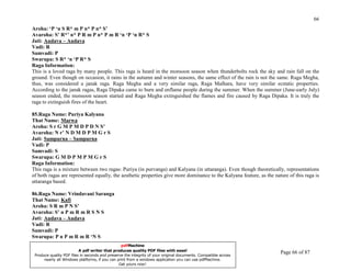 66
Aroha: ‘P ‘n S R* m P n* P n* S’
Avaroha: S’ R*’ n* P R m P n* P m R ‘n ‘P ‘n R* S
Jati: Audava – Audava
Vadi: R
Samvadi: P
Swarupa: S R* ‘n ‘P R* S
Raga Information:
This is a loved raga by many people. This raga is heard in the monsoon season when thunderbolts rock the sky and rain fall on the
ground. Even though on occasion, it rains in the autumn and winter seasons, the same effect of the rain is not the same. Raga Megha,
thus, was considered a janak raga. Raga Megha and a very similar raga, Raga Malhara, have very similar ecstatic properties.
According to the janak ragas, Raga Dipaka came to burn and enflame people during the summer. When the summer (June-early July)
season ended, the monsoon season started and Raga Megha extinguished the flames and fire caused by Raga Dipaka. It is truly the
raga to extinguish fires of the heart.

85.Raga Name: Puriya Kalyana
That Name: Marwa
Aroha: S r G M P M D P D N S’
Avaroha: N r’ N D M D P M G r S
Jati: Sampurna – Sampurna
Vadi: P
Samvadi: S
Swarupa: G M D P M P M G r S
Raga Information:
This raga is a mixture between two ragas: Puriya (in purvanga) and Kalyana (in uttaranga). Even though theoretically, representations
of both ragas are represented equally, the aesthetic properties give more dominance to the Kalyana feature, as the nature of this raga is
uttaranga based.

86.Raga Name: Vrindavani Saranga
That Name: Kafi
Aroha: S R m P N S’
Avaroha: S’ n P m R m R S N S
Jati: Audava – Audava
Vadi: R
Samvadi: P
Swarupa: P n P m R m R ‘N S
UNDERSTANDING INDIAN CLASSICAL MUSIC          pdfMachine
                       A pdf writer that produces quality PDF files with ease!
PRABIRquality PDF files in seconds and preserve the integrity of your original documents. Compatible across
 Produce
         DATTA                                                                                                        Page 66 of 87
      nearly all Windows platforms, if you can print from a windows application you can use pdfMachine.
                                                Get yours now!
 