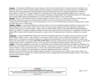 73
√Gamak--- An important embellishment in music-making, vocal as well as instrumental. In it, musical notes are so produced as to
touch upon the lower as well as the upper adjacent notes by resorting to a vibratory mode of vocalizing or playing. A gamak can be
defined as a fast meend (spanning 2-3 notes normally) delivered with deliberate force and vigour and repeated in an oscillatory
manner. R G is a meend if it is a glide from R to G at a moderately slow tempo. But the same R G repeated twice or more at a
relatively faster tempo, often forcefully, is termed as gamak. The gamak is distinguishable from the andolan because of its faster speed
and its clearly audible starting and ending points. It is swar–based while the andolan is more shruti-based.
√Kampit--There is a school of musicians that would say kampit is a defect in the voice. A long note rendered in vibrato because
uniform sur and intensity cannot be sustained indicates a defect in the voice and should not be treated as an alankar.
A kampit has also been defined as two or more short gamaks on one swar. It is like hammering a note from an adjacent note in quick
succession that gives it a vibrato effect.
√Khatka—Gitkari-- A musical embellishment consisting of three or more notes employed quickly, forcefully, and successively. It is
used in many forms of semi-art music. When a knot or cluster of notes is sung or played very fast and with gusto to decorate or
embellish another note, it is called a khatka or gitkari. Say for example, R S S….R where the cluster, R S S embellishes R and is
applied very swiftly. In instruments, khatkas are played not only in fast meends but also with the help of a combination of krintans and
sparshs. R S in krintan and S in sparsh when played on a single stroke of the right hand can be termed as a khatka for its musical
effect.
√Zamzama-- A musical embellishment which consists of forceful and speedy employment of a number of notes. Zamzama is an urdu
word meaning ‘addition of notes’. Like a khatka, it is once again a cluster of notes, used to embellish the landing note. Unlike a
khatka, notes in a zamzama are rendered in progressive combinations and permutations. The end result sounds like a complex taan
pattern with sharp gamaks. For example, M P, M P, M M P D D P. It must be remembered that zamzamas really form an integral part
of tappa singing, where it is applied on the ‘bols’ of the song and must be applied in khayal renditions with great caution.
√Murki--- A musical embellishment consisting of a small number of notes executed in fast tempo but with tenderness and delicacy. It is
mainly used in the 'lighter' forms of music and music-making. A murki is cluster of notes that sounds like a short, subtle taan. A murki
can also comprise a series of such short clusters. A murki is less forceful than a khatka or a zamzama. A combination like R R S S
could be a murki or a khatka or the starting point of a zamzama, depending on the force of delivery.
Although some special murkis are used in khayal singing, it is really a very handy device for a thumri singer. In fact, the bols of a
thumri, the ragas they are normally set to and the mood of this form of singing especially demand the usage of murkis. Thus, thumris
are often built around this alankar.
√Combinations---




UNDERSTANDING INDIAN CLASSICAL MUSIC          pdfMachine
                       A pdf writer that produces quality PDF files with ease!
PRABIRquality PDF files in seconds and preserve the integrity of your original documents. Compatible across
 Produce
         DATTA                                                                                                       Page 73 of 87
      nearly all Windows platforms, if you can print from a windows application you can use pdfMachine.
                                                Get yours now!
 