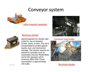 Conveyor system
Inline magnetic separator
Bin/chute vibrator
4-Aug-13
Conveyor head pulley
Bin/chute vibrator
Bin/chute vibrator
electromagnetic bin vibrator well-
suited for use on hoppers,
chutes, tracks, or bins. The coil is
encapsulated to protect against
liquids, dust, and mechanical
damage. The vibrator requires an
electronic controller such as
Automation Devices' Model 6000,
set for DC operation which
produces 3600 VPM. Power
consumption is approximately
225 watts.
 