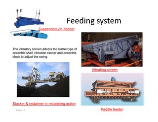 Feeding system
Suspended vib. feeder
The vibratory screen adopts the barrel type of
eccentric shaft vibration exciter and eccentric
block to adjust the swing
4-Aug-13
Vibrating screen
Paddle feeder
Stacker & reclaimer in reclaiming action
 