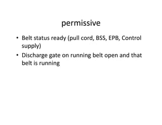 permissive
• Belt status ready (pull cord, BSS, EPB, Control
supply)
• Discharge gate on running belt open and that
belt is runningbelt is running
 