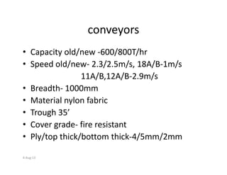 conveyors
• Capacity old/new -600/800T/hr
• Speed old/new- 2.3/2.5m/s, 18A/B-1m/s
11A/B,12A/B-2.9m/s
• Breadth- 1000mm• Breadth- 1000mm
• Material nylon fabric
• Trough 35’
• Cover grade- fire resistant
• Ply/top thick/bottom thick-4/5mm/2mm
4-Aug-13
 