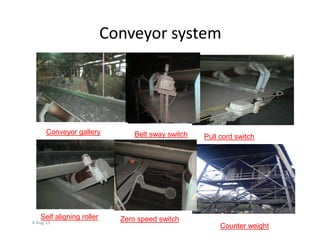 Conveyor system
4-Aug-13
Conveyor gallery
Pull cord switch
Self aligning roller
Counter weight
Belt sway switch
Zero speed switch
 
