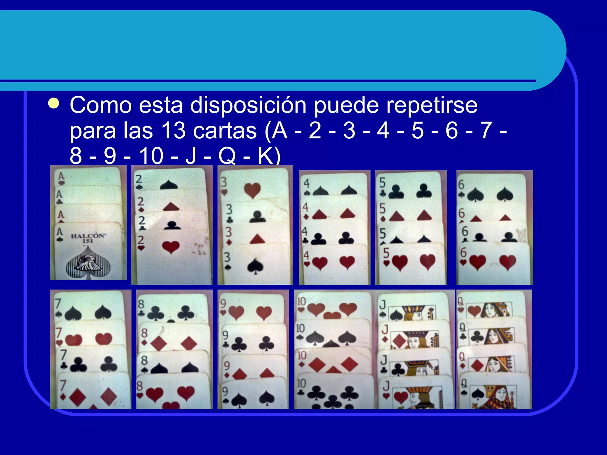    Como esta disposición puede repetirse
    para las 13 cartas (A - 2 - 3 - 4 - 5 - 6 - 7 -
    8 - 9 - 10 - J - Q - K)
 