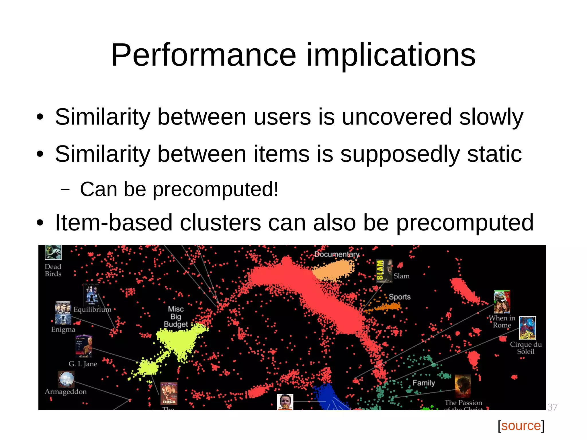 37
Performance implications
● Similarity between users is uncovered slowly
● Similarity between items is supposedly static
– Can be precomputed!
● Item-based clusters can also be precomputed
[source]
 