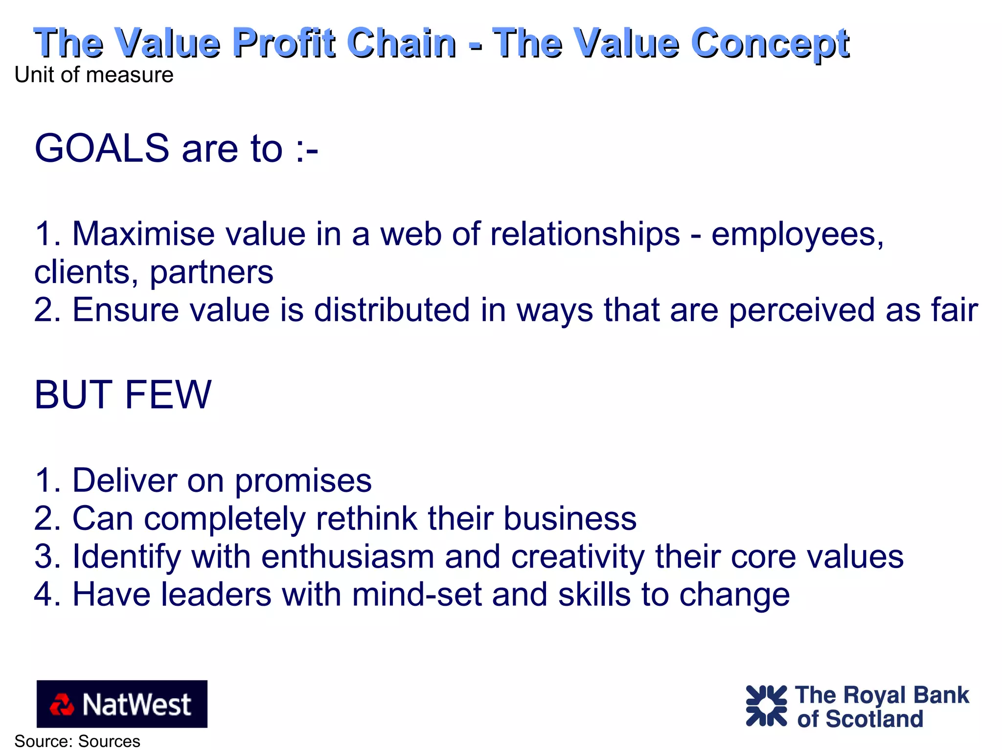 The Value Profit Chain - The Value Concept   GOALS are to :- 1. Maximise value in a web of relationships - employees, clients, partners 2. Ensure value is distributed in ways that are perceived as fair BUT FEW 1. Deliver on promises 2. Can completely rethink their business 3. Identify with enthusiasm and creativity their core values 4. Have leaders with mind-set and skills to change 