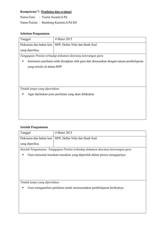 Kompetensi 7: Penilaian dan evaluasi
Nama Guru : Yustin Susanti,S.Pd
Nama Penilai : Bambang Karnoto,S.Pd.SD
Sebelum Pengamatan
Tanggal 4 Maret 2015
Dokumen dan bahan lain
yang diperiksa
RPP, Daftar Nilai dan Bank Soal
Tanggapan Penilai terhadap dokumen dan/atau keterangan guru
 Instrumen penilaian telah disiapkan oleh guru dan disesuaikan dengan tujuan pembelajaran
yang tertulis di dalam RPP
Tindak lanjut yang diperlukan:
 Agar dijelaskan jenis penilaian yang akan dilakukan
Setelah Pengamatan
Tanggal 4 Maret 2015
Dokumen dan bahan lain
yang diperiksa
RPP, Daftar Nilai dan Bank Soal
Setelah Pengamatan: Tanggapan Penilai terhadap dokumen dan/atau keterangan guru
 Guru mencatat masukan-masukan yang diperoleh dalam proses mengajarnya
Tindak lanjut yang diperlukan:
 Guru menganalisis penilaian untuk merencanakan pembelajaran berikutnya
 