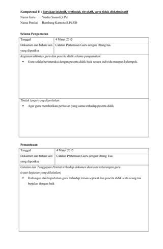 Kompetensi 11: Bersikap inklusif, bertindak obyektif, serta tidak diskriminatif
Nama Guru : Yustin Susanti,S.Pd
Nama Penilai : Bambang Karnoto,S.Pd.SD
Selama Pengamatan
Tanggal 4 Maret 2015
Dokumen dan bahan lain
yang diperiksa
Catatan Pertemuan Guru dengan Orang tua
Kegiatan/aktivitas guru dan peserta didik selama pengamatan:
 Guru selalu berinteraksi dengan peserta didik baik secara individu maupun kelompok.
Tindak lanjut yang diperlukan:
 Agar guru memberikan perhatian yang sama terhadap peserta didik
Pemantauan
Tanggal 4 Maret 2015
Dokumen dan bahan lain
yang diperiksa
Catatan Pertemuan Guru dengan Orang Tua
Catatan dan Tanggapan Penilai terhadap dokumen dan/atau keterangan guru
(catat kegiatan yang dilakukan)
 Hubungan dan kepedulian guru terhadap teman sejawat dan peserta didik serta orang tua
berjalan dengan baik
 