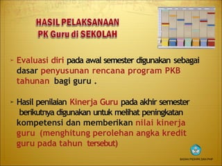 ➢ Evaluasi diri pada awal semester digunakan sebagai
dasar penyusunan rencana program PKB
tahunan bagi guru .
➢ Hasil penilaian Kinerja Guru pada akhir semester
berikutnya digunakan untuk melihat peningkatan
kompetensi dan memberikan nilai kinerja
guru (menghitung perolehan angka kredit
guru pada tahun tersebut)
BADAN PSDMPK DAN PMP
 
