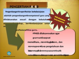 PENGERTIAN PKKBB
GURU
PPKKB dilaksannaakan agar
guurruuddaappaat
memelihara,, menni
ninggkatkann,, dan
m
emmppeerrl
ul
uaa
s pengetahuan dan
k
e
t
er
ammppi
lial
annnnyyaauunnttuukk
mmeelaksannaakanpprrooses pemmbbeelajaran
Pengembangankkeeproffesiaian berkelanjujutan
adalalah pengembangankkoompetensii guru yang
dilialaksanakan sesuaii denggan kebutuhan,,
secara berrttahap,, berrkkeelanjujutan untuk
meningkatkan
proffesionaliltitas gurru..
BADAN PSDMPK DAN PMP
 