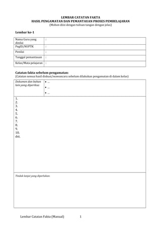 LEMBAR CATATAN FAKTA
HASIL PENGAMATAN DAN PEMANTAUAN PROSES PEMBELAJARAN
(Mohon diisi dengan tulisan tangan dengan jelas)
Lembar ke-1
Nama Guru yang
dinilai
:
PegID/NUPTK :
Penilai :
Tanggal pemantauan :
Kelas/Mata pelajaran :
Catatan fakta sebelum pengamatan:
(Catatan semua hasil diskusi/wawancara sebelum dilakukan pengamatan di dalam kelas)
Dokumen dan bahan
lain yang diperiksa:
• …
• …
• …
1.
2.
3.
4.
5.
6.
7.
8.
9.
10.
dst.
Tindak lanjut yang diperlukan:
Lembar Catatan Fakta (Manual) 1
 