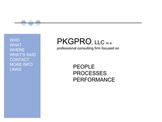 PKGPRO, LLC is a
professional consulting firm focused on
PEOPLE
PROCESSES
PERFORMANCE
WHO
WHAT
WHERE
WHAT’S SAID
CONTACT
MORE INFO
LINKS
 