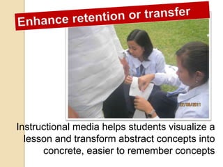 Instructional media helps students visualize a
lesson and transform abstract concepts into
concrete, easier to remember concepts
 