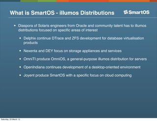 What is SmartOS - illumos Distributions

              •    Diaspora of Solaris engineers from Oracle and community talent has to illumos
                   distributions focused on speciﬁc areas of interest

                   •    Delphix continue DTrace and ZFS development for database virtualisation
                        products

                   •    Nexenta and DEY focus on storage appliances and services

                   •    OmniTI produce OmniOS, a general-purpose illumos distribution for servers

                   •    OpenIndiana continues development of a desktop-oriented environment

                   •    Joyent produce SmartOS with a speciﬁc focus on cloud computing




Saturday, 23 March 13
 