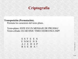 Criptografía


Transposición (Permutación).
  Permuta los caracteres del texto plano.

   Texto-plano: ESTE ES UN MENSAJE DE PRUEBA!
   Texto-cifrado: EUAR SNJU TMEE EEDB ENEA SSP!


                 E   S T   E   E S
                 U   NM    E   N S




                                                   Prof. Manuel Mujica
                 A   J E   D    E P
                 R   U E   B   A !


                                                  12/36
 