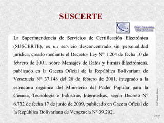 SUSCERTE

La Superintendencia de Servicios de Certificación Electrónica
(SUSCERTE), es un servicio desconcentrado sin personalidad
jurídica, creado mediante el Decreto- Ley N° 1.204 de fecha 10 de
febrero de 2001, sobre Mensajes de Datos y Firmas Electrónicas,
                                                  Electrónicas
publicado en la Gaceta Oficial de la República Bolivariana de
Venezuela N° 37.148 del 28 de febrero de 2001, integrado a la
estructura orgánica del Ministerio del Poder Popular para la




                                                                      Prof. Manuel Mujica
Ciencia, Tecnología e Industrias Intermedias, según Decreto N°
                                 Intermedias
6.732 de fecha 17 de junio de 2009, publicado en Gaceta Oficial de
la República Bolivariana de Venezuela N° 39.202.
                                                                     24/36
 