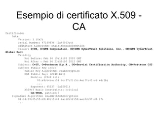 Esempio di certificato X.509 -
Certificate:
                  CA
    Data:
        Version: 3 (0x2)
        Serial Number: 67109836 (0x40003cc)
        Signature Algorithm: sha1WithRSAEncryption
        Issuer: C=US, O=GTE Corporation, OU=GTE CyberTrust Solutions, Inc., CN=GTE CyberTrust
Global Root
        Validity
            Not Before: Feb 16 19:16:00 2005 GMT
            Not After : Feb 16 23:59:00 2012 GMT
        Subject: C=IT, O=Postecom S.p.A., OU=Servizi Certification Authority, CN=Postecom CS2
        Subject Public Key Info:
            Public Key Algorithm: rsaEncryption
            RSA Public Key: (2048 bit)
                 Modulus (2048 bit):
                     00:a9:b4:ac:56:bc:f7:21:3c:4e:f0:45:cd:ad:5b:
                     ...
                 Exponent: 65537 (0x10001)
            X509v3 Basic Constraints: critical
                 CA:TRUE, pathlen:0
    Signature Algorithm: sha1WithRSAEncryption
        81:34:09:25:55:d3:40:15:41:2a:d2:12:52:ae:2d:97:d3:97:
        ...
 