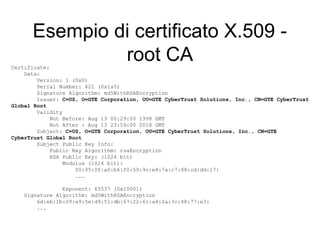 Esempio di certificato X.509 -
Certificate:
               root CA
    Data:
        Version: 1 (0x0)
        Serial Number: 421 (0x1a5)
        Signature Algorithm: md5WithRSAEncryption
        Issuer: C=US, O=GTE Corporation, OU=GTE CyberTrust Solutions, Inc., CN=GTE CyberTrust
Global Root
        Validity
            Not Before: Aug 13 00:29:00 1998 GMT
            Not After : Aug 13 23:59:00 2018 GMT
        Subject: C=US, O=GTE Corporation, OU=GTE CyberTrust Solutions, Inc., CN=GTE
CyberTrust Global Root
        Subject Public Key Info:
            Public Key Algorithm: rsaEncryption
            RSA Public Key: (1024 bit)
                 Modulus (1024 bit):
                     00:95:0f:a0:b6:f0:50:9c:e8:7a:c7:88:cd:dd:17:
                     ...

               Exponent: 65537 (0x10001)
   Signature Algorithm: md5WithRSAEncryption
       6d:eb:1b:09:e9:5e:d9:51:db:67:22:61:a4:2a:3c:48:77:e3:
       ...
 