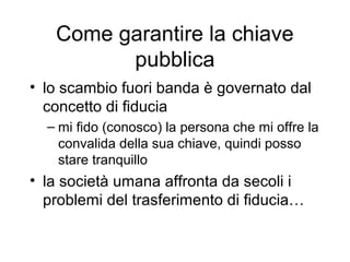 Come garantire la chiave
         pubblica
• lo scambio fuori banda è governato dal
  concetto di fiducia
  – mi fido (conosco) la persona che mi offre la
    convalida della sua chiave, quindi posso
    stare tranquillo
• la società umana affronta da secoli i
  problemi del trasferimento di fiducia…
 