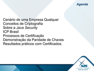 Cenário de uma Empresa Qualquer
Conceitos de Criptografia
Sobre a Java Security
ICP Brasil
Processos de Certificação
Demonstração da Paridade de Chaves
Resultados práticos com Certificados.
Agenda
 