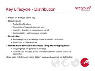Key Lifecycle - Distribution
• Based on the type of the key
• Requirements
• Availability of the keys
• Association of keys with intended use
• Integrity – detection of change during transit
• Confidentiality – split knowledge principle
• Distribution
• Private keys – split knowledge, trusted entities for distribution
• Public keys – X509 certificate
• Manual key distribution (encrypted using key wrapping keys)
• Wrapping keys are generally public keys
• If private keys are used, then a separate distribution channel should be
established
Keys used only for encrypting data in storage should not be distributed.
 