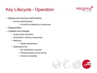 Key Lifecycle - Operation
• Backup and recovery mechanisms
• Compromised backups
• Controls for detecting a compromise
• Regeneration
• Updates and changes
• Crypto period expiration
• Suspected or real key compromise
• Rekeying
• Needs redistribution
• Updating the key
• No redistribution required
• Produced based on the old key
• Known to all parties
 