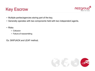 Key Escrow
• Multiple parties/agencies storing part of the key.
• Generally operates with two components held with two independent agents.
• Risks
• Collusion
• Failure of reassembling
Ex: SKIPJACK and LEAF method.
 