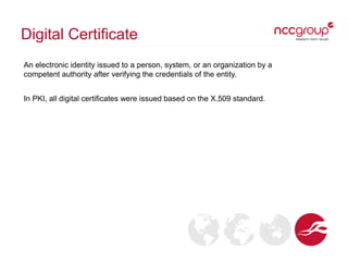 Digital Certificate
An electronic identity issued to a person, system, or an organization by a
competent authority after verifying the credentials of the entity.
In PKI, all digital certificates were issued based on the X.509 standard.
 