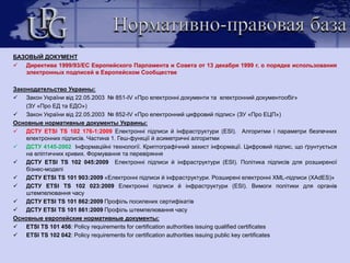 Нормативно-правовая базаБАЗОВЫЙ ДОКУМЕНТДиректива 1999/93/EС Европейского Парламента и Совета от 13 декабря 1999 г. о порядке использования электронных подписей в Европейском СообществеЗаконодательство Украины:Закон України від 22.05.2003  № 851-IV «Про електроннідокументи та електроннийдокументообіг»        (ЗУ «Про ЕД та ЕДО»)  Закон України від22.05.2003  № 852-IV «Про електроннийцифровийпідпис» (ЗУ «Про ЕЦП»)Основные нормативные документы Украины:ДСТУ ЕTSI TS 102 176-1:2009 Електронні підписи й інфраструктури (ESI).  Алгоритми і параметри безпечних електронних підписів. Частина 1. Геш-функції й асиметричні алгоритми