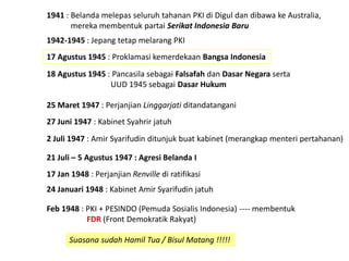 17 Agustus 1945 : Proklamasi kemerdekaan Bangsa Indonesia
18 Agustus 1945 : Pancasila sebagai Falsafah dan Dasar Negara se...