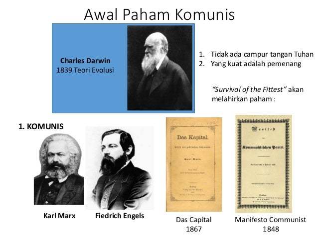 Awal Paham Komunis
Charles Darwin
1839 Teori Evolusi
Karl Marx Fiedrich Engels Das Capital
1867
Manifesto Communist
1848
1...