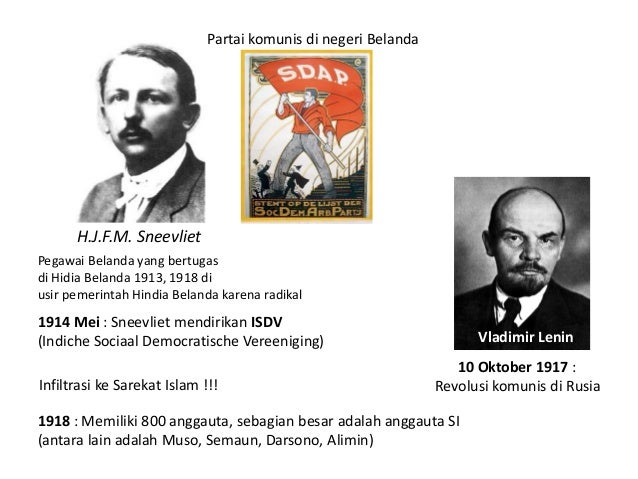 H.J.F.M. Sneevliet
1914 Mei : Sneevliet mendirikan ISDV
(Indiche Sociaal Democratische Vereeniging)
1918 : Memiliki 800 an...