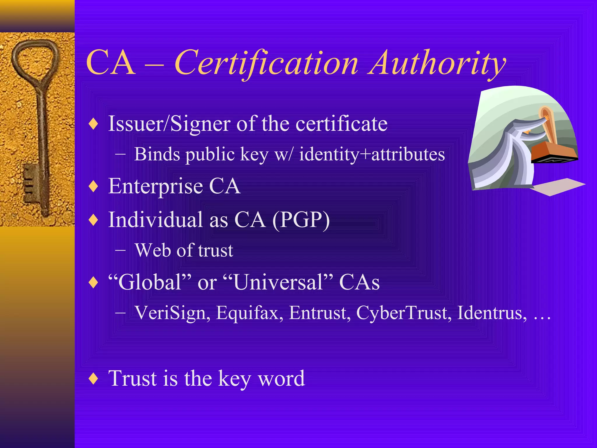 CA – Certification Authority
♦ Issuer/Signer of the certificate
– Binds public key w/ identity+attributes
♦ Enterprise CA
♦ Individual as CA (PGP)
– Web of trust
♦ “Global” or “Universal” CAs
– VeriSign, Equifax, Entrust, CyberTrust, Identrus, …
♦ Trust is the key word

 