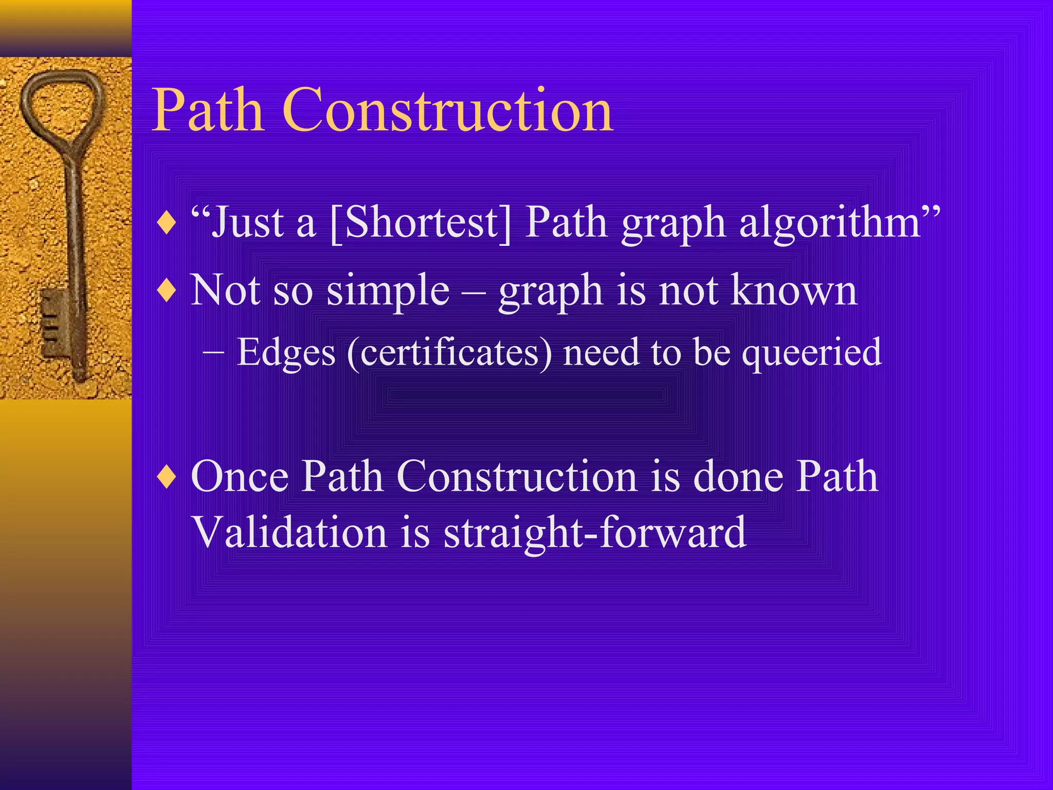 Path Construction
♦ “Just a [Shortest] Path graph algorithm”
♦ Not so simple – graph is not known
– Edges (certificates) need to be queeried
♦ Once Path Construction is done Path

Validation is straight-forward

 